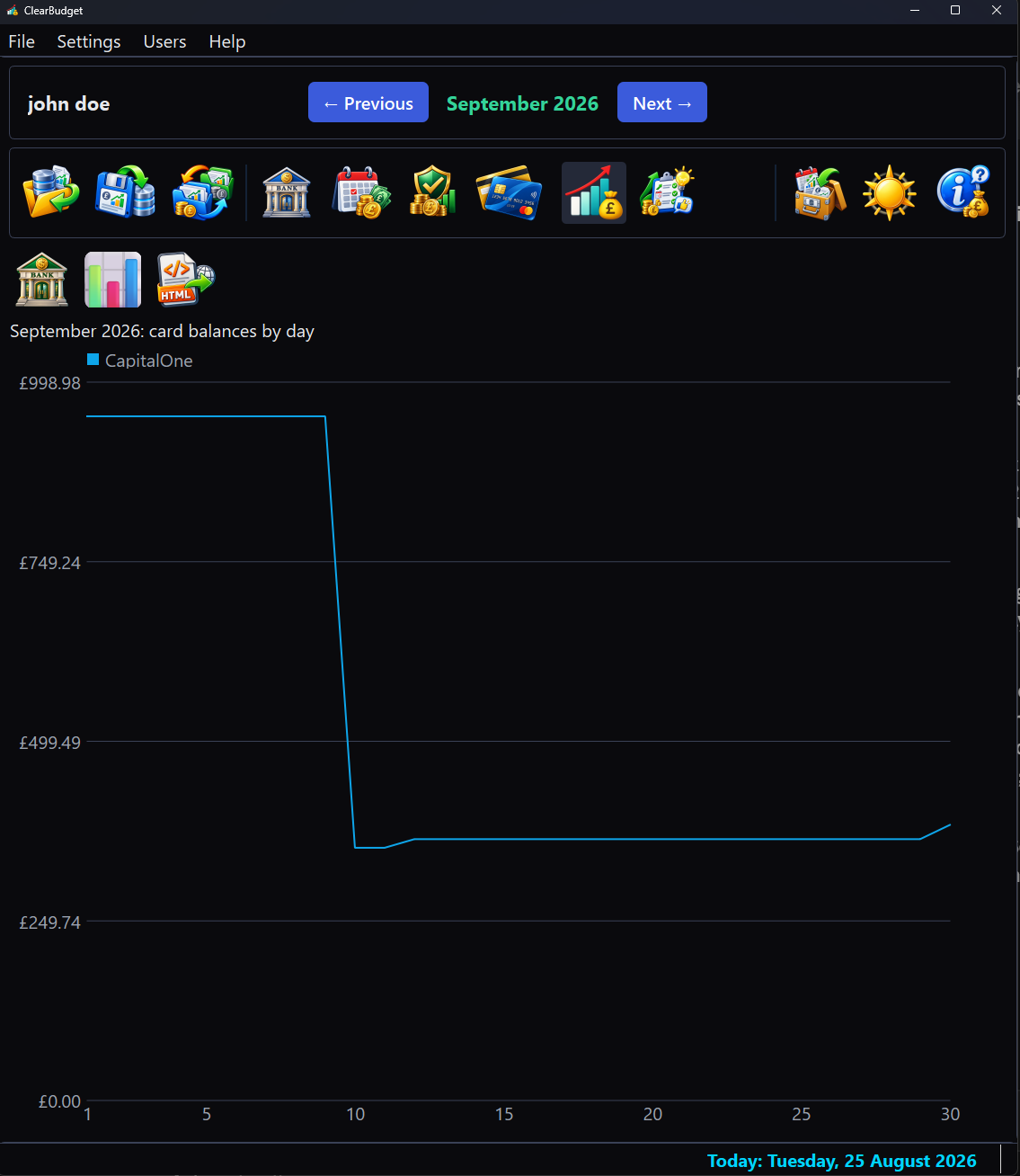 The Graph view switched to card balances for the sample budget: a single light blue line for the one sample card, stepping down when its payment lands and rising slightly at month end as interest accrues.