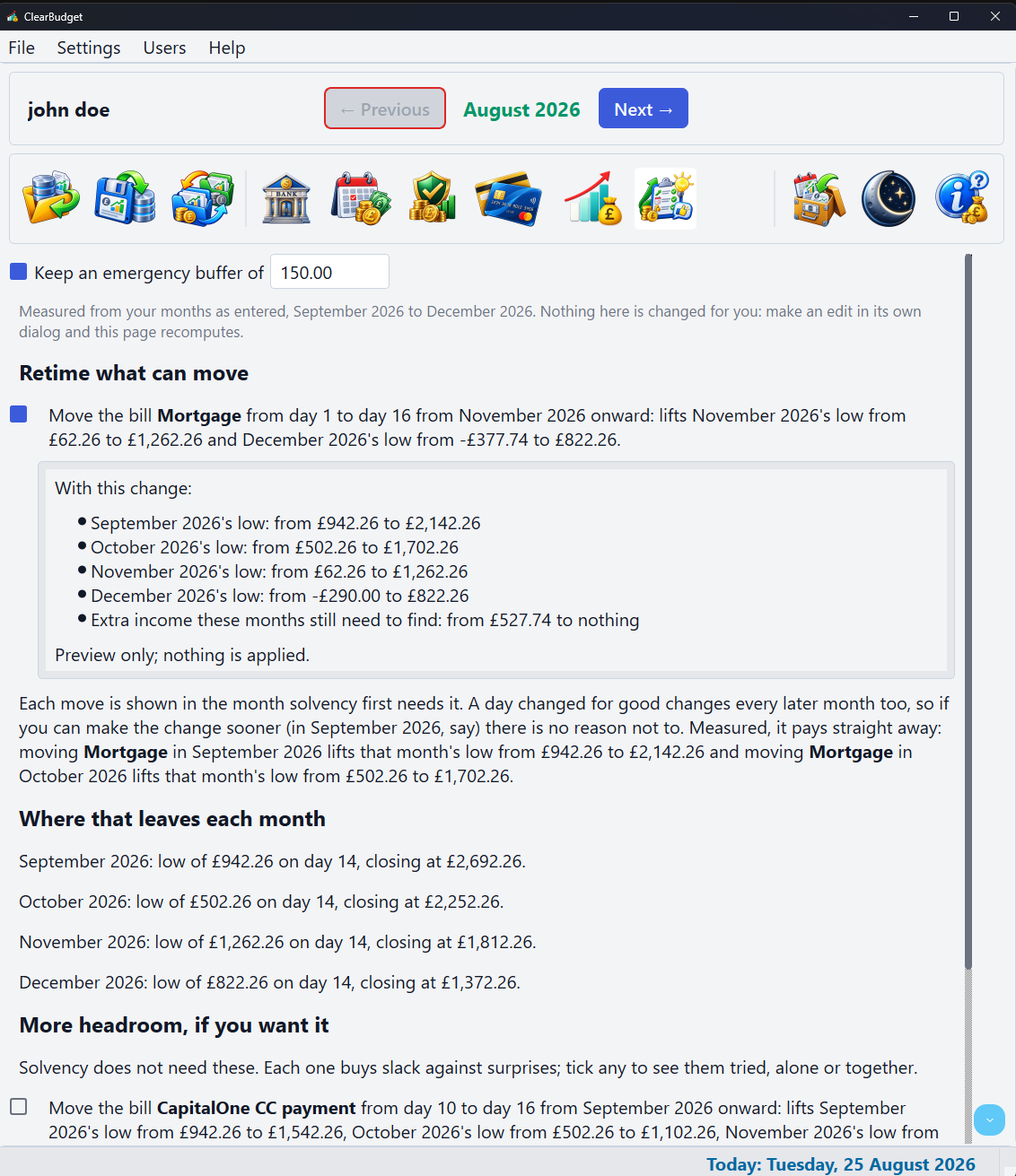 The Recommendations view: an emergency buffer row, a verdict that nothing is needed, each month's low point, then measured retiming suggestions with the first ticked and its preview panel open.